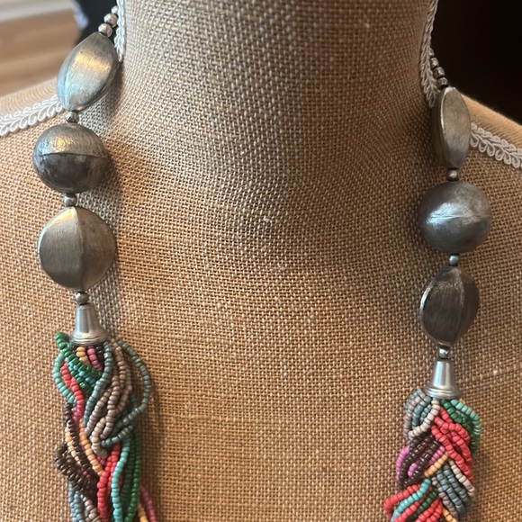 Double Strand Multi-Color Seed Bead And Metal Necklace -- 32" length - Picture 3 of 4